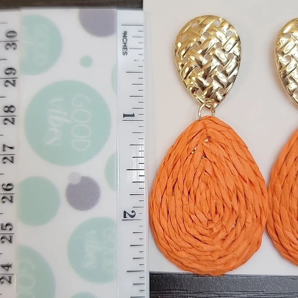 Boho Earrings Raffia Wrapped Teardrop Dangle Green Purple Orange Yellow Brown
